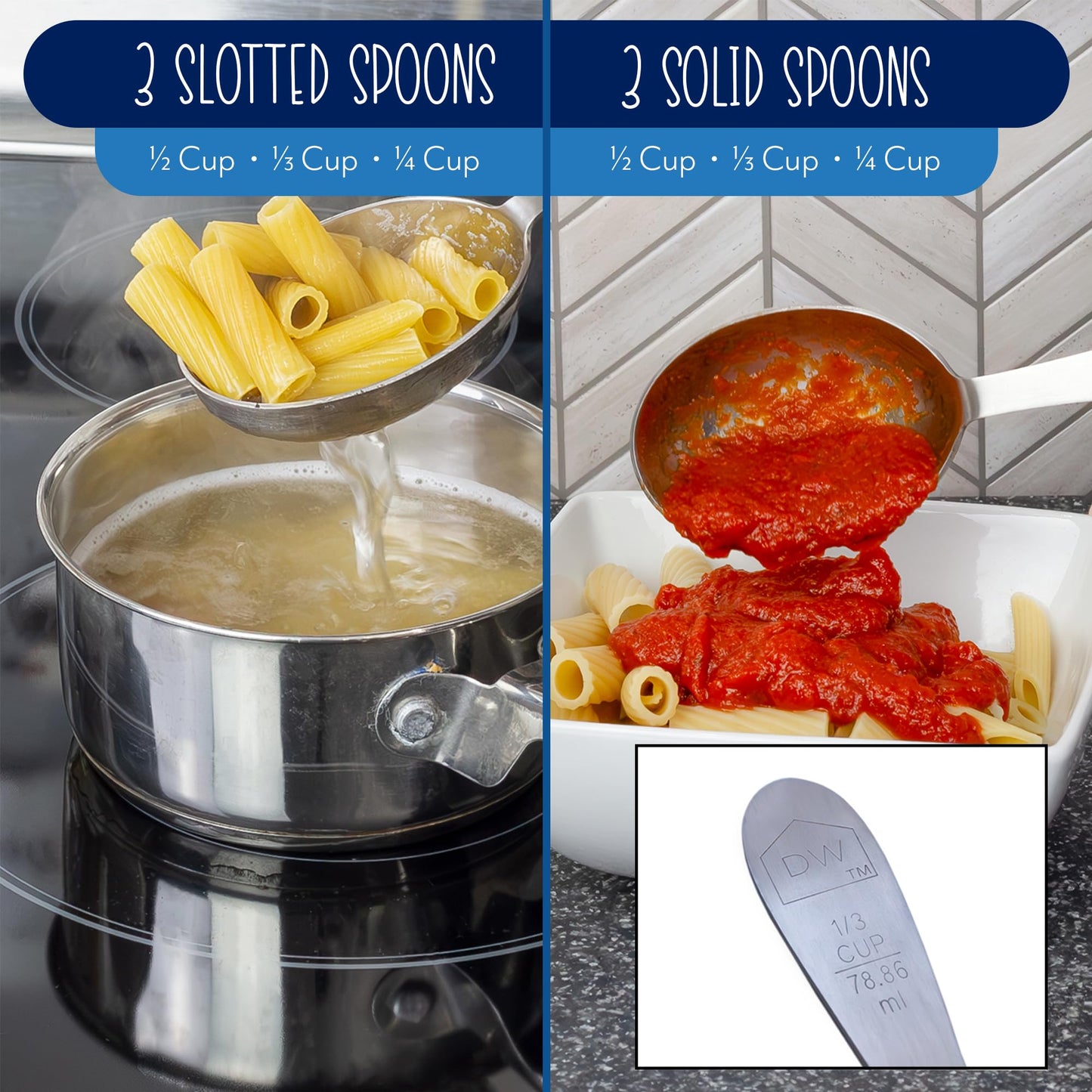 Darware Portion Control Serving Spoons Set (6pc) – Stainless Steel 1/4, 1/3, 1/2 Cup Sizes – Solid & Slotted Kitchen Utensils for Meal Prep, Cooking & Healthy Eating
