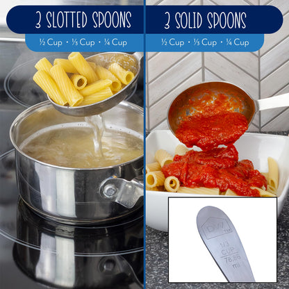 Darware Portion Control Serving Spoons Set (6pc) – Stainless Steel 1/4, 1/3, 1/2 Cup Sizes – Solid & Slotted Kitchen Utensils for Meal Prep, Cooking & Healthy Eating