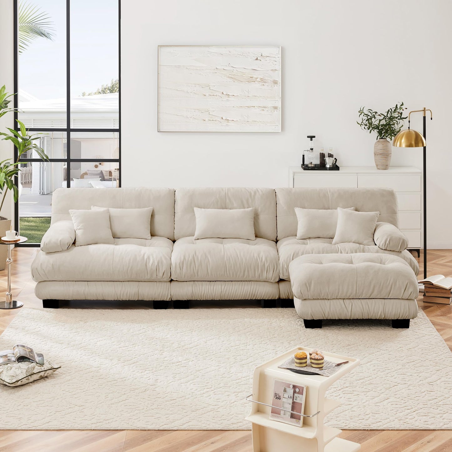 KEIKI 133" Sectional Sofa with Removable Ottoman, 4 Seat L Shaped Sleeper Cloud Couch Set, Comfy Chenille Upholstered Modular SofaBed for Apartment Living Room, Throw Pillows, Light Coffee
