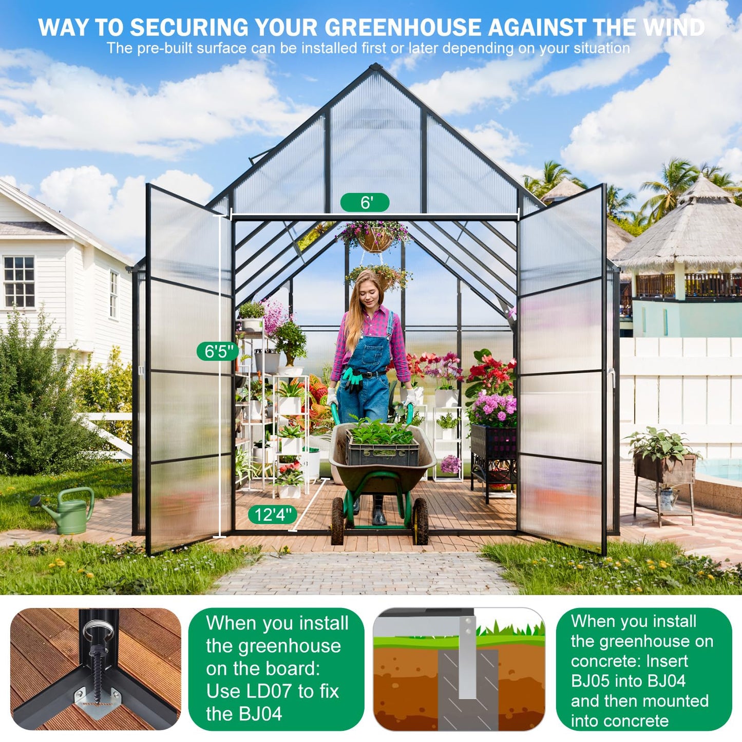 CDCASA 12.4x10.2x10 FT Greenhouse for Outdoors,Easy Assembly Large Polycarbonate Greenhouse Aluminum Heavy Duty Greenhouses w/2 Vents, Swing Door, Walk-in Green House for Patio, Backyard, Garden