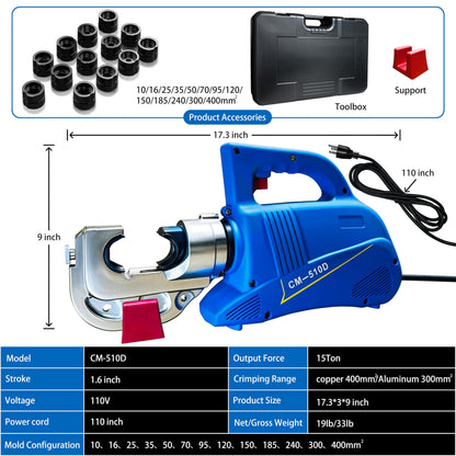 Hydraulic Crimping Tool 15Ton Electric Cable Lug Crimpers - 13 Dies (8AWG to 800MCM) Cable Wire Crimping Pliers Machine Kits with 2.8m Wire