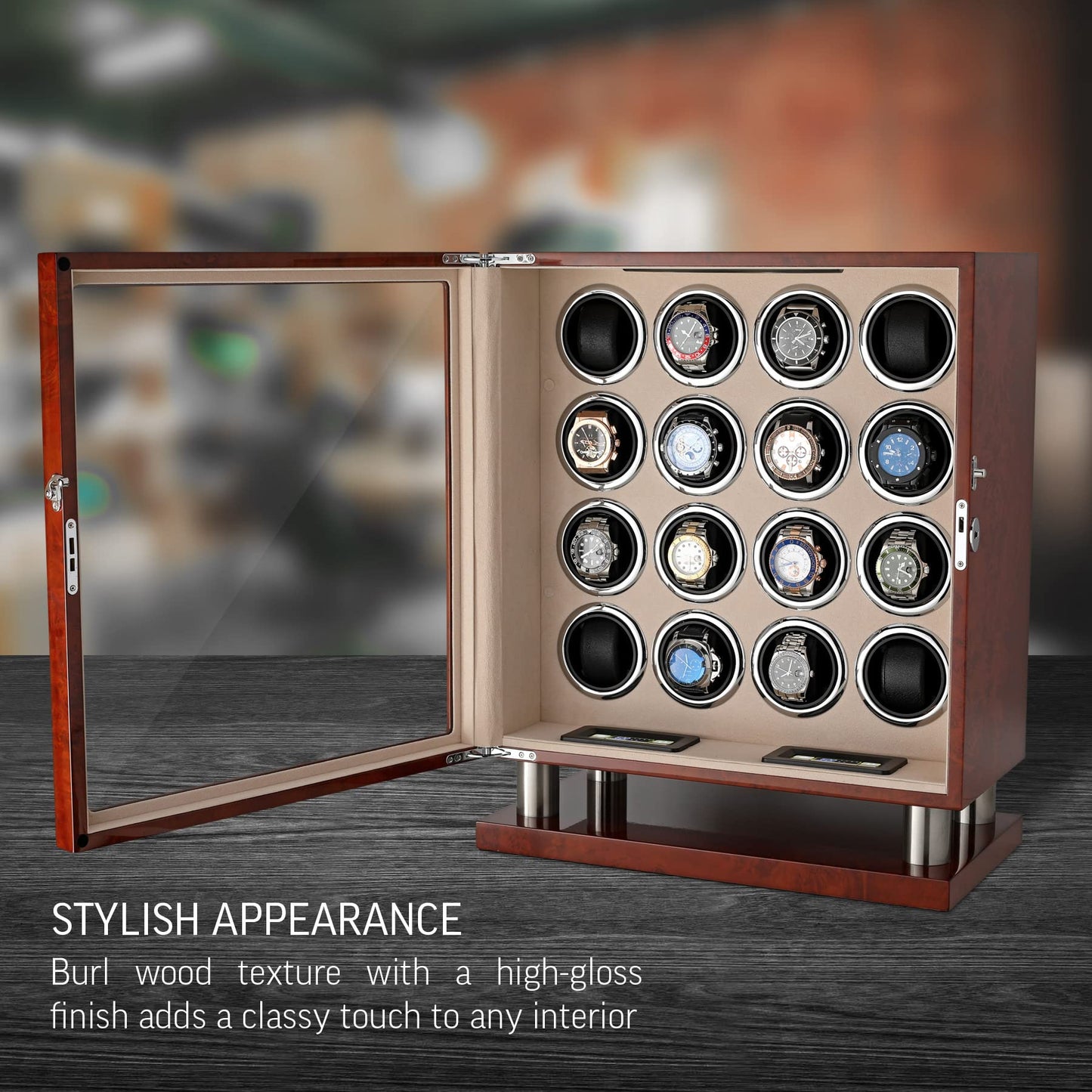Watch Winder for 16 Automatic Watches with LED Backlight and LCD Touchscreen Control (Dark Burl + Beige)