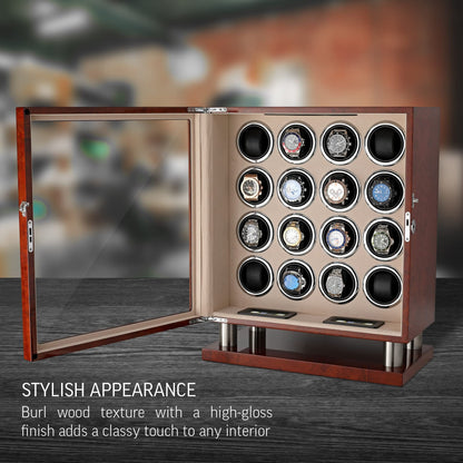 Watch Winder for 16 Automatic Watches with LED Backlight and LCD Touchscreen Control (Dark Burl + Beige)
