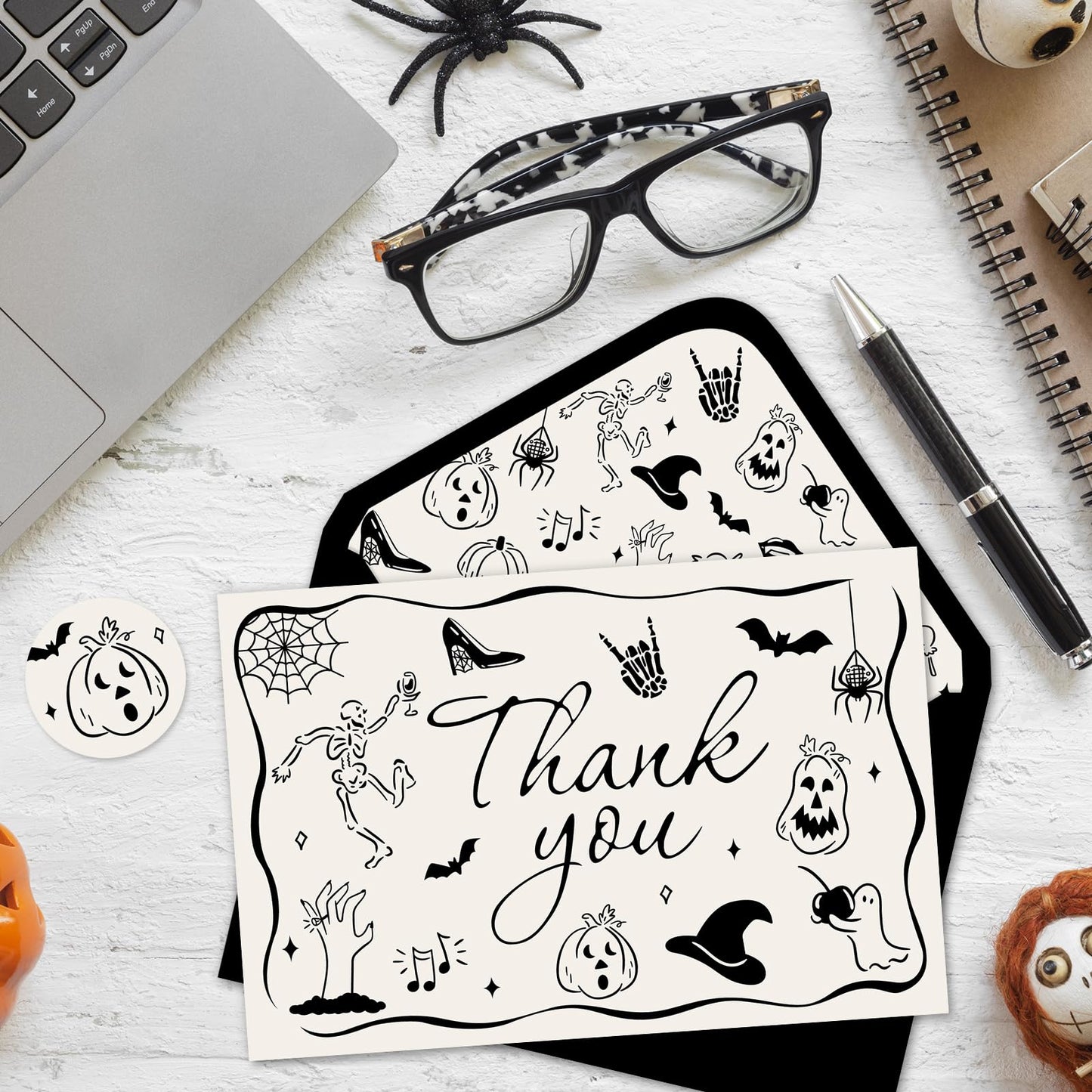 Whaline 24 Pack Halloween Thank You Cards Black Skeleton Pumpkin Ghost Thank You Greeting Note Card with Envelope Sticker for Birthday