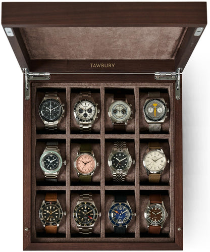 TAWBURY Wooden Watch Case - 12 Slot Wood Watch Box for Men & Women with Protective Fully Lined Interior and 2-inch Wide Pillows for Small & Large Watches (Dark Walnut)