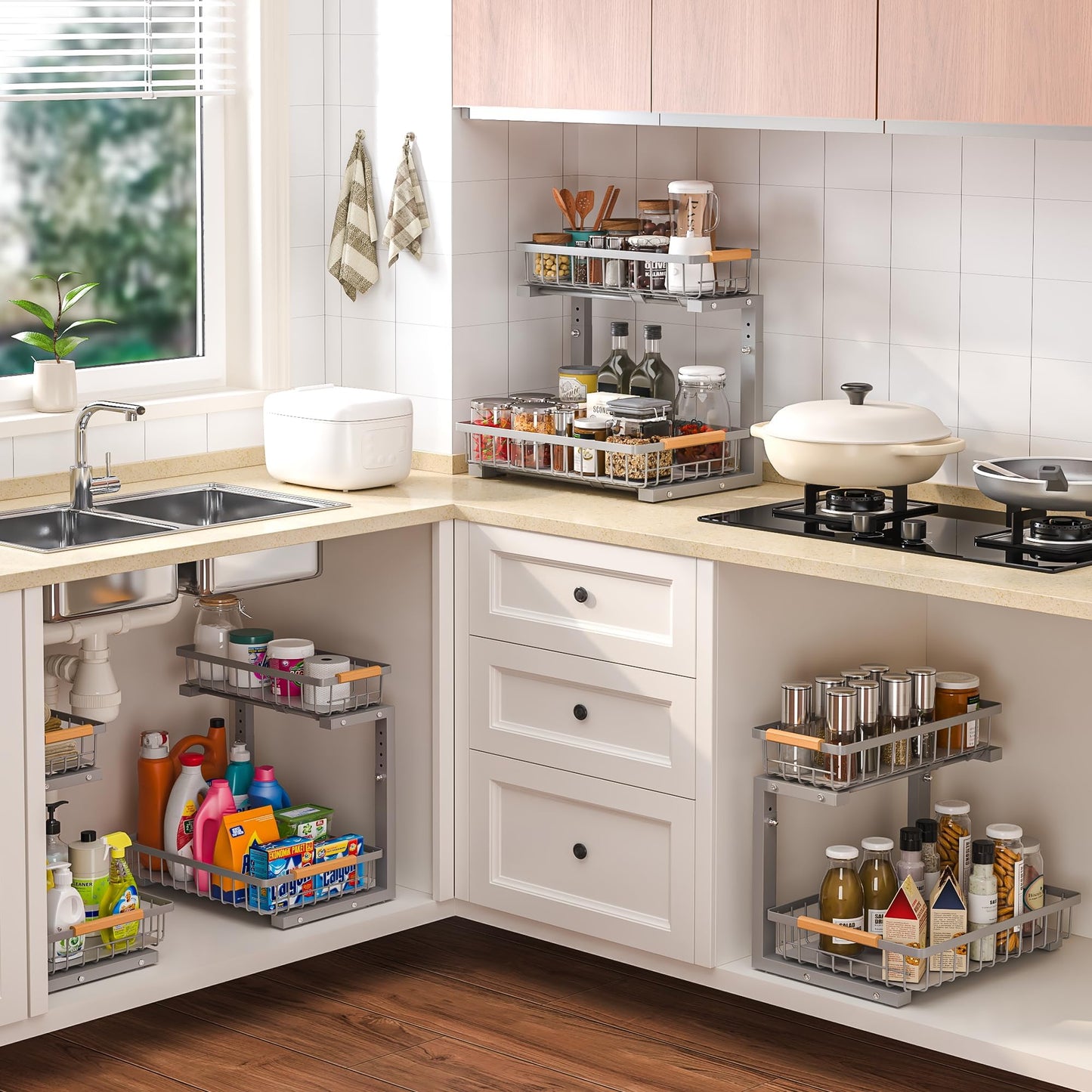 Liuoud Under Sink Organizer 2 Pack, 2 Tier Slide Out Large Capacity Height Adjustable Under Sink Organizers and Storage for Kitchen Bathroom Cabinet, Grey