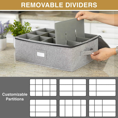 Cup Storage Container - 16" x 13" x 6"H - Holds 12 Coffee Cups - Tea Cups - Mugs - Hard Shell and Stackable - Includes Insert Card for Labeling and Padded Dividers