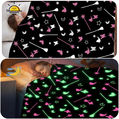 Hillsuren Glow in the Dark Witch Theme Blanket Black Broom Pink Magic Wand Flannel Throw Blanket 50 x 60 Inch for Girls Fun Sofa Bed Gift Decoration