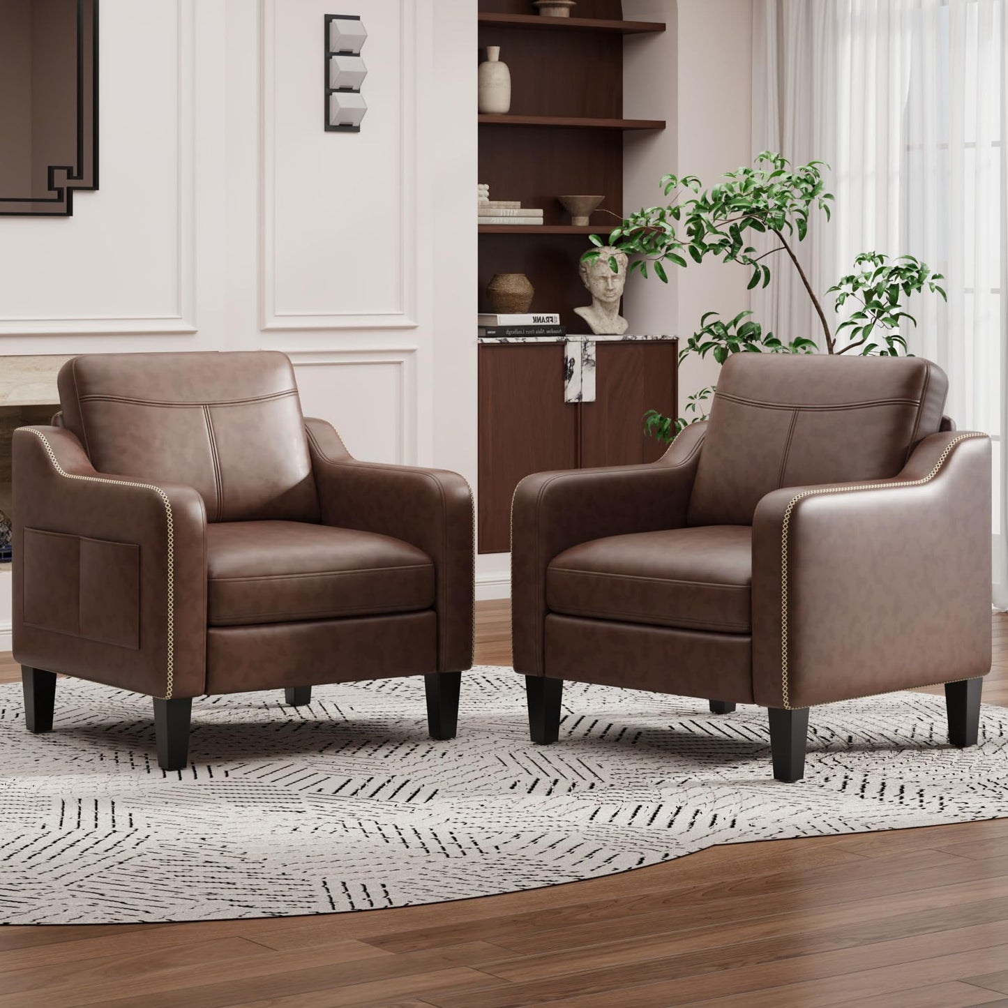 MALOL PU Leather Accent Chair Set of 2, Mid-Century Modern Living Room Armchair Sofa with Removable Cushions & Stitched Armrest Design, Bedroom Chair with Plastic Legs, Chocolate Brown