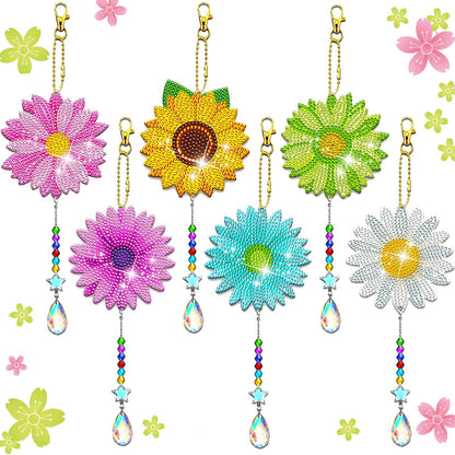 JeCuiK 6 Pcs Daisy Diamonds Painting Wind Chimes Suncatcher Double Sided Flower Rhinestone Painting Wind Chime 5D DIY Crystal Diamond Painting Kits Paint by Number Hanging Ornaments Mom Gifts