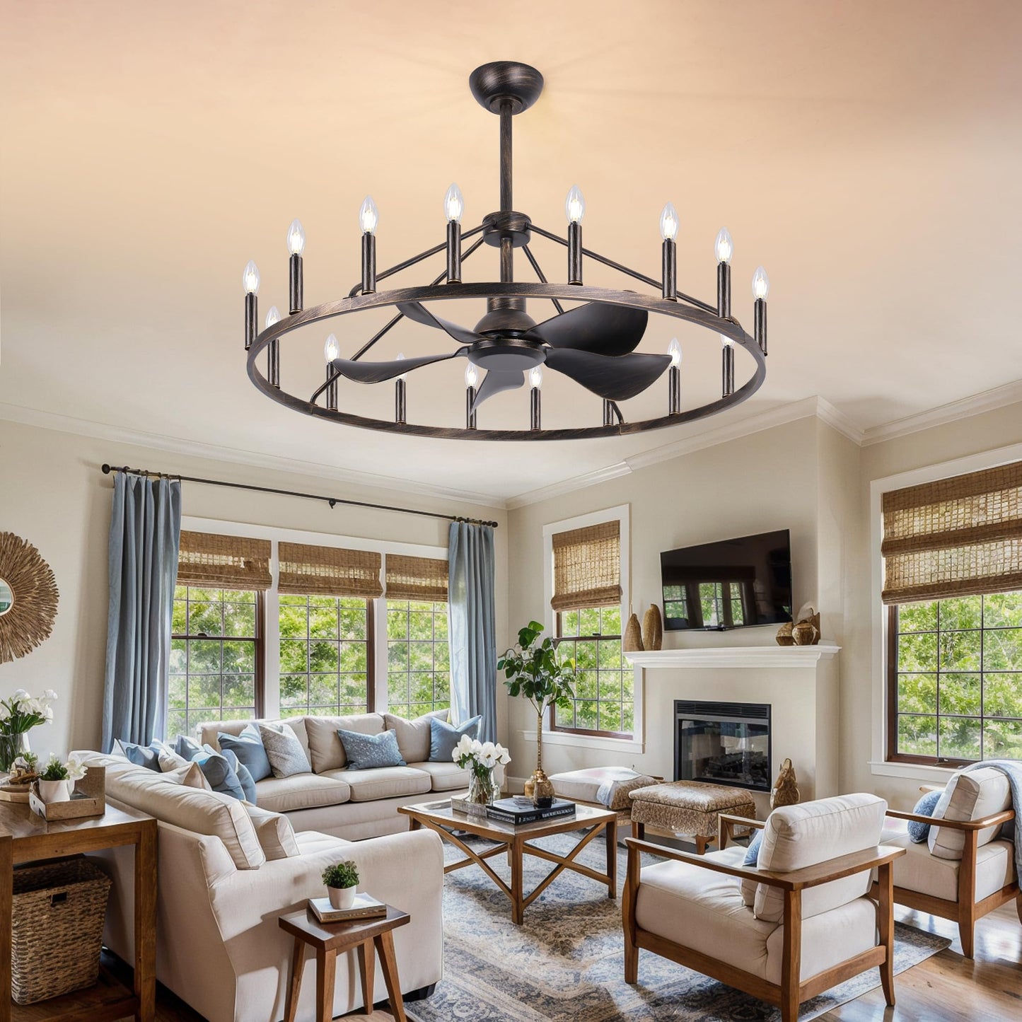 COCOSTAR 44" Antique Bronze Wagon Wheel Chandelier Farmhouse Ceiling Fan with Light and Remote,16-Lights Large Fandelier with Candle,Rustic Big Light Fixture for Living Room Kichen Dining Room