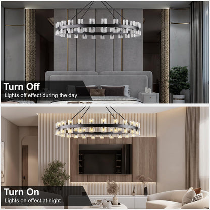 Plsintly 48 Inch Black Wagon Wheel Chandelier with Crystal Shade, Crystal Chandelier, Modern Farmhouse Style, Ideal for Dining Room, Kitchen, Entryways,48 Lights (Bulbs Included)