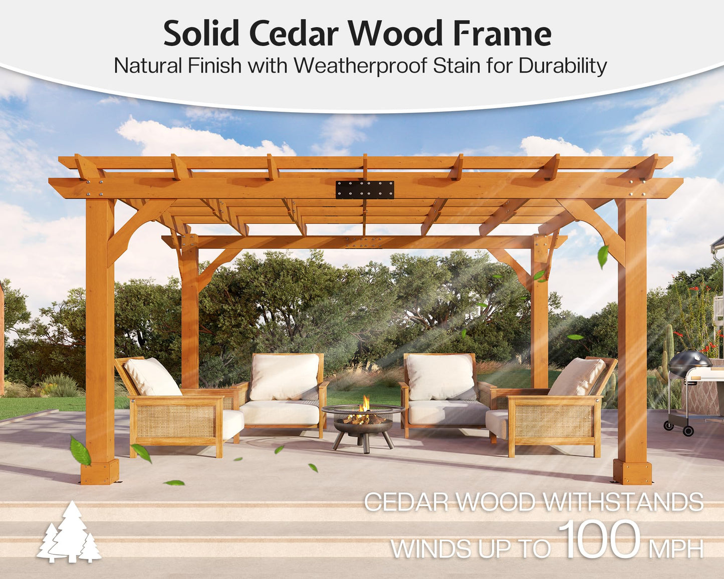 Jocisland 10x12 FT Premium Cedar Wood Pergola with Trellis Roof & Weather-Resistant Support, Outdoor Pergola Kit with Stakes, Garden Gazebo for Patio, Backyard & Events, Reddish-Brown
