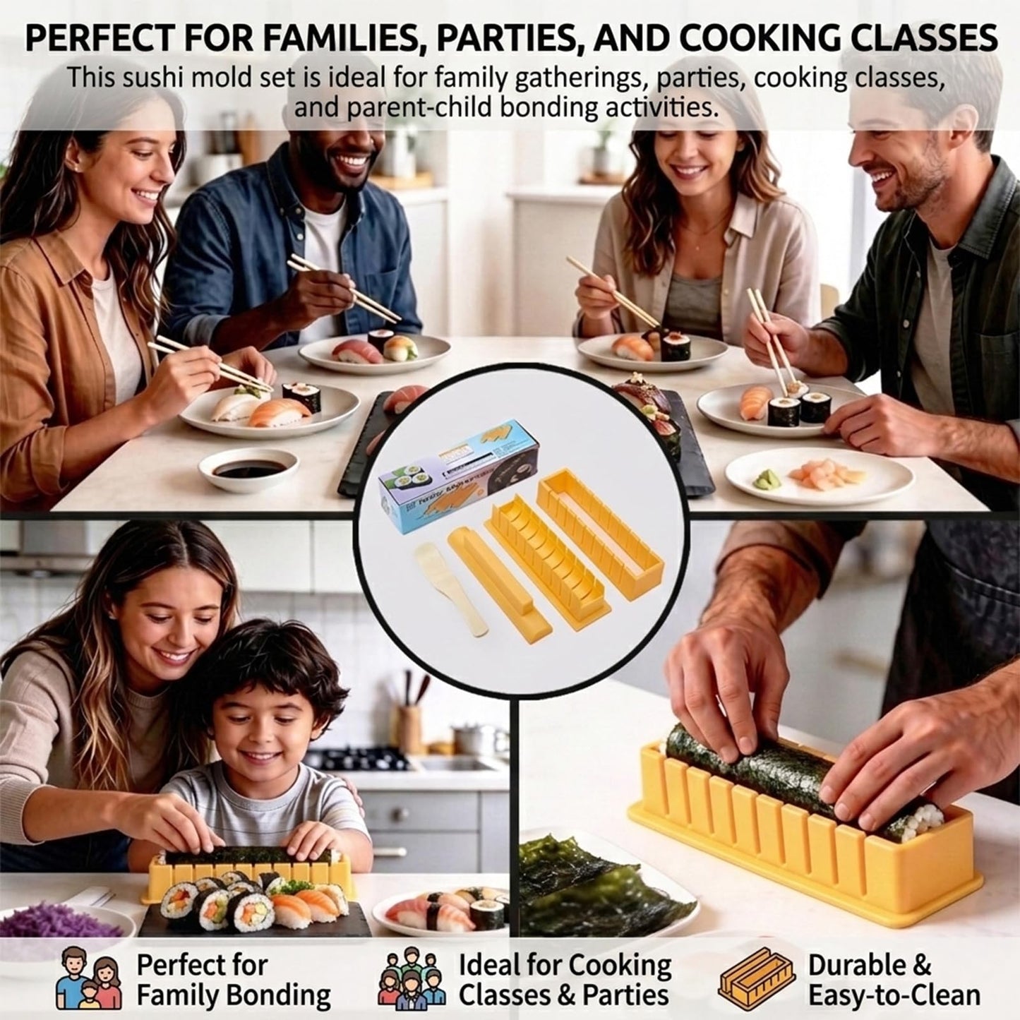 Sushi Maker – DIY Sushi Making Kit with Chopsticks, Thickened & Extended Sushi Mold Design for Easy Low-Fat Round Rolls, Perfect for Family, Parties & Cooking Classes, Ideal Gift for Food Lovers