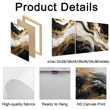 Palette Dreams 3 Piece Framed Black And White Abstract Canvas Wall Art, Black Gold Canvas Black Marble Picture Wall Decor, Modern Gold Foil Art Poster Print for Living Room Bedroom Bathroom 20x30 Inch