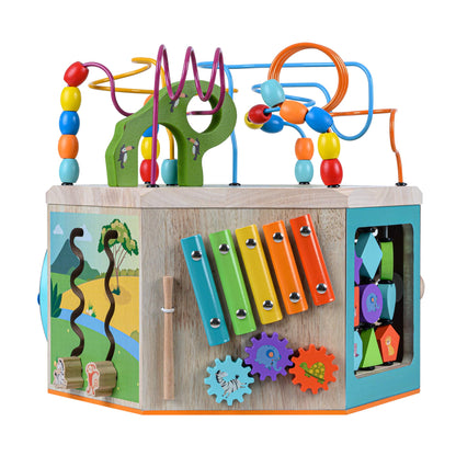 Teamson Kids Preschool Play Lab 7-in-1 Large Wooden Activity Cube Station Center Bead Maze and Counting for Kids Baby Toys, Natural