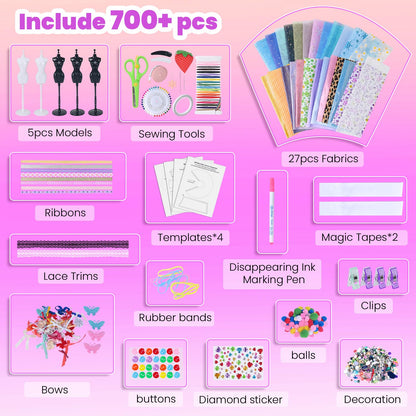 700+Pcs Fashion Designer Kit for Girls - Sewing Kit Arts and Crafts Set for Kids Ages 8-12 with 5 Mannequins & Instruction DIY Doll Clothes Making Learn to Sew Toys for Girls Christmas Birthday Gift