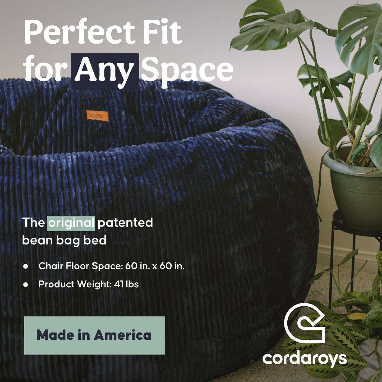 CordaRoy's Plush Bean Bag - Convertible Bean Bag Chair - Machine-Washable Plush Fabric Cover - for Basement, Living Room, Game Room, Dorm & More - King Size - Indigo | Made in The USA