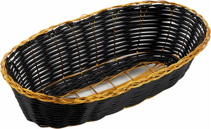 Winco Oblong Woven Basket, Black with Gold Trim, 9" x 6.5" x 2.25"