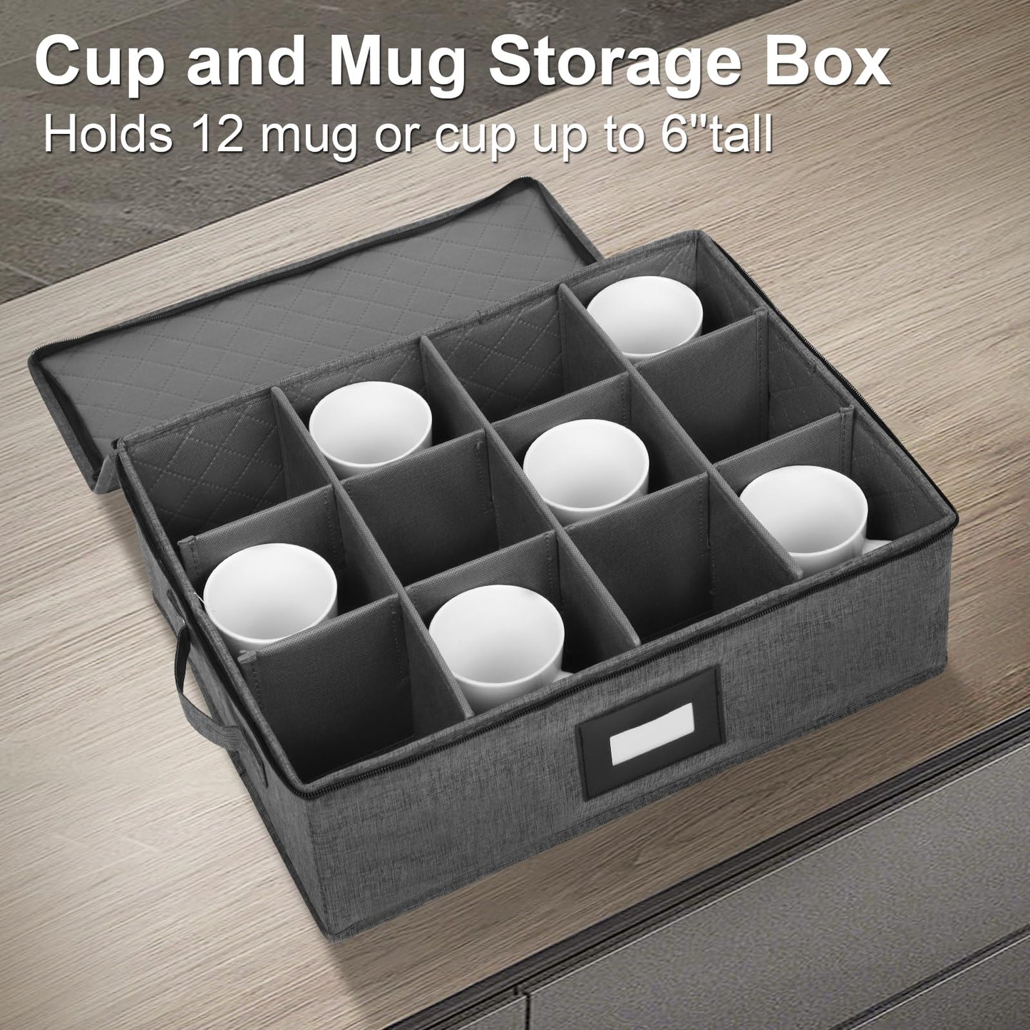 Mayniu 2 Pack Mug Storage Box with Dividers, Hard Top Cup Storage Containers for Coffee Mug & Tea Cup, Stackable Coffee Mug Storage Organizer with Zipper Lid & Rivet Reinforced Handles – Black