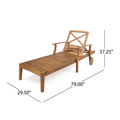 Merax Outdoor Chaise Lounge with Wheels & 5-Position Adjustable Backrest, Acacia Wood Pool Lounge Chairs Patio Loveseat Sun Tanning Chair, 79"x30"x22", Teak
