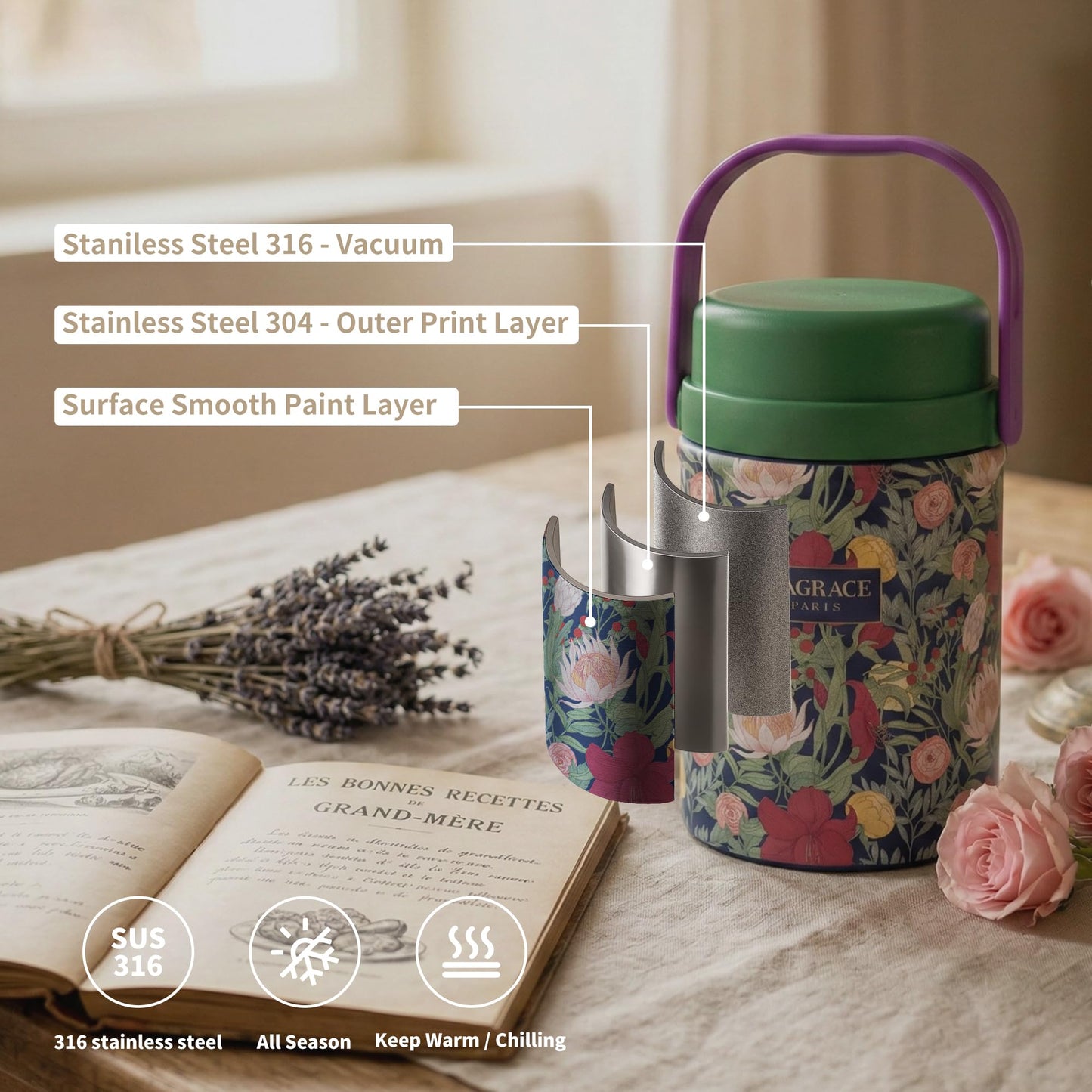 MAGRACE Vaccum Insulated Food Jar - Boho Floral Thermal Lunch Container for Office Outdoor Hot & Cold Meals, Wide Mouth Thermo for Adult, W/Foldable Spoon (Tropical)