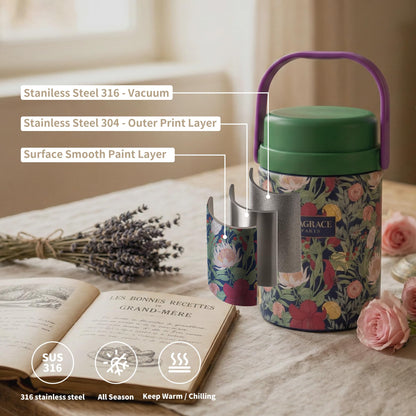 MAGRACE Vaccum Insulated Food Jar - Boho Floral Thermal Lunch Container for Office Outdoor Hot & Cold Meals, Wide Mouth Thermo for Adult, W/Foldable Spoon (Tropical)