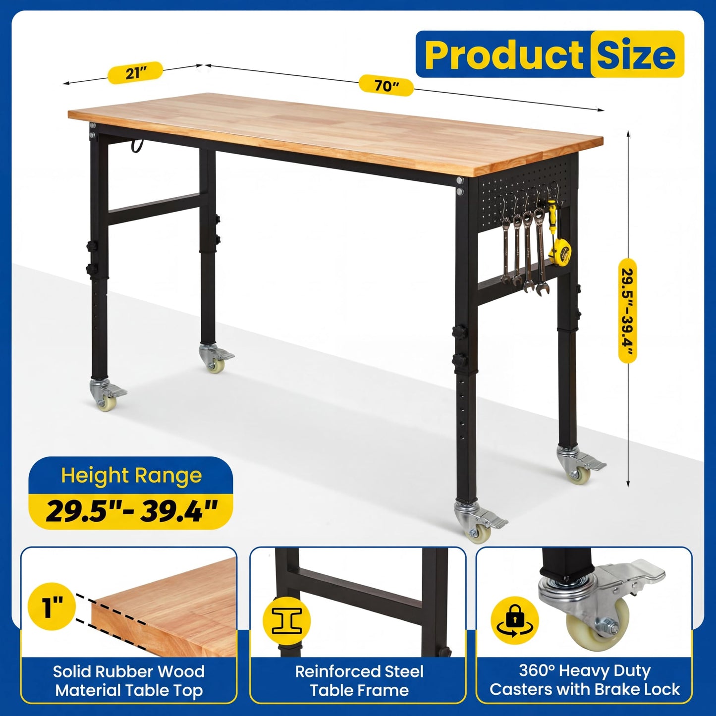 70-Inch Height Adjustable Workbench with Power Outlets, Solid Rubber Wood Top Heavy Duty Garage Tool Table, Workstation with Pegboard, Hooks and Ruler