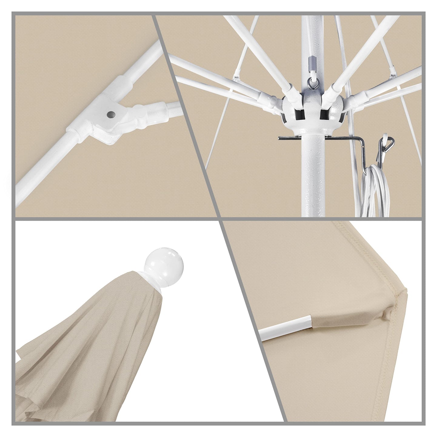 California Umbrella 9' Round Aluminum/Fiberglass Umbrella, Push Open, White Pole, Olefin Antique Beige