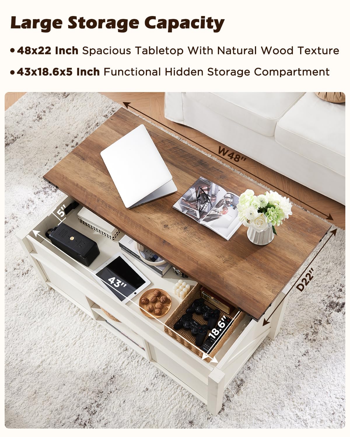 OKD 48" Farmhouse Lift Top Coffee Table with Sliding Barn Door,Rustic Center Table with Hidden Storage Compartment,Lifting Tabletop and Adjustable Shelf for Living Room,Office,Antique White