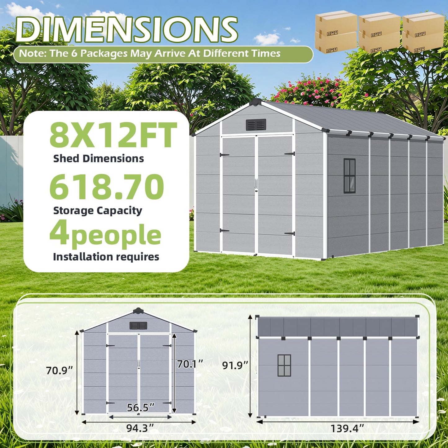 DNYKER 8 x 12 FT Plastic Tool Shed, Plastic Garden Shed with Floor, Lockable Doors & Windows, Resin Outdoor Storage Shed for Backyard, Patio, Poolside