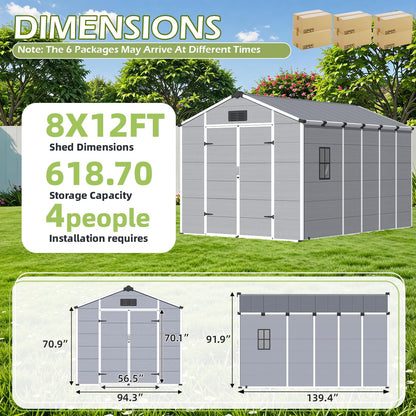 DNYKER 8 x 12 FT Plastic Tool Shed, Plastic Garden Shed with Floor, Lockable Doors & Windows, Resin Outdoor Storage Shed for Backyard, Patio, Poolside