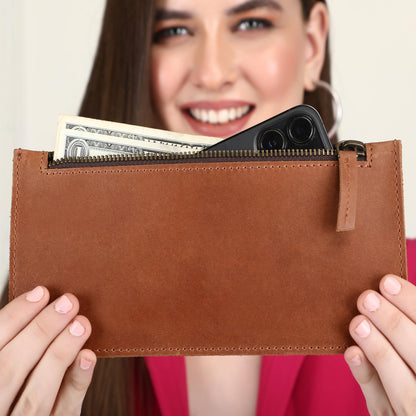 CestAntiQ Tan Leather Multipurpose Zippered Handbag, Currency Pouch, Pen Pencil Holder, Phone Wallet, Card Makeup Bills Organizer & Everyday Accessories, Compact Functional Wallet