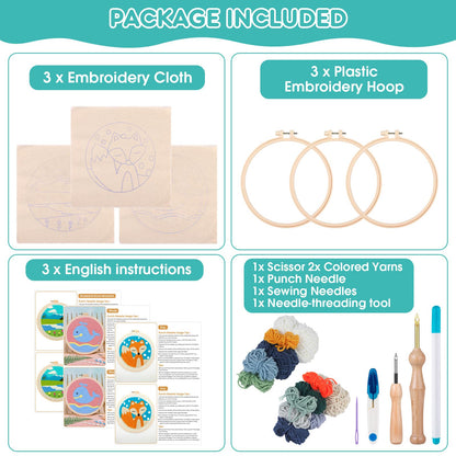 Zuaooz 3 Sets Punch Needle Kits,Whale Rainbow River Punch Embroidery Kits for Adults Beginner, Tool with Punch Needle Fabric, Hoops, Yarns and Sewing Needles