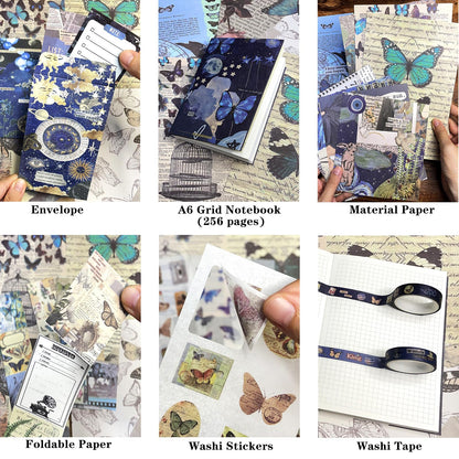 BoomTeck Vintage Aesthetic Scrapbooking Supplies, Bullet Junk Journal Kits with Scrapbook Paper, Washi Stickers, A6 Grid Notebook - DIY Craft Journaling Gift for Teen Girl Adult (Butterfly Garden)