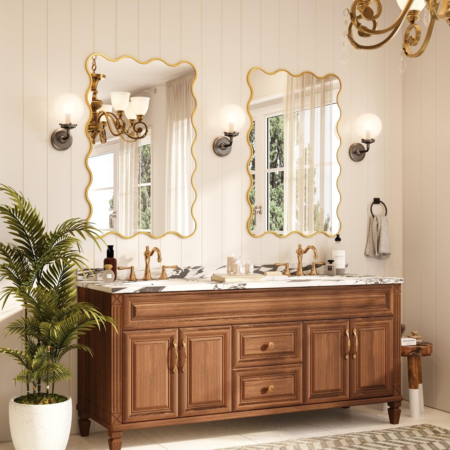 Kelly Miller 32x48 Inch Gold Scalloped Mirror, Large Rectangular Wavy Edge Bathroom Vanity Wall Mirror Decorative for Bedroom Living Room Entryway Fireplace Mantle