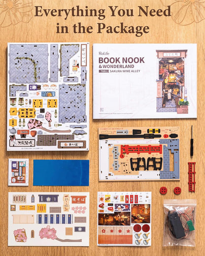 Rolife Book Nook Kit - Sakura Wine Alley 3D Wooden Puzzle | Japanese-Inspired DIY Miniature Dollhouse for Bookshelf Decor