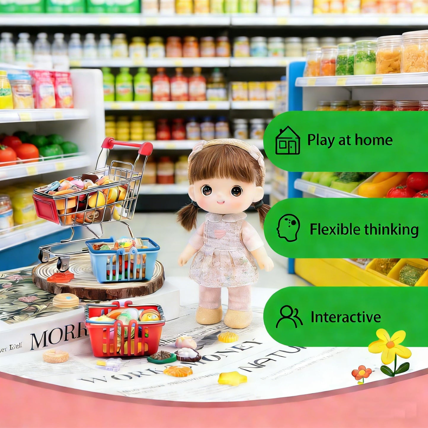 112pcs Miniature Dollhouse Grocery Set Shopping Cart Basket Food Drink Bottle Supermarket Metal Handcart Toys Doll House Store Cosplay Game Dollhouse Grocery Party Trolley Model Dollar Bills