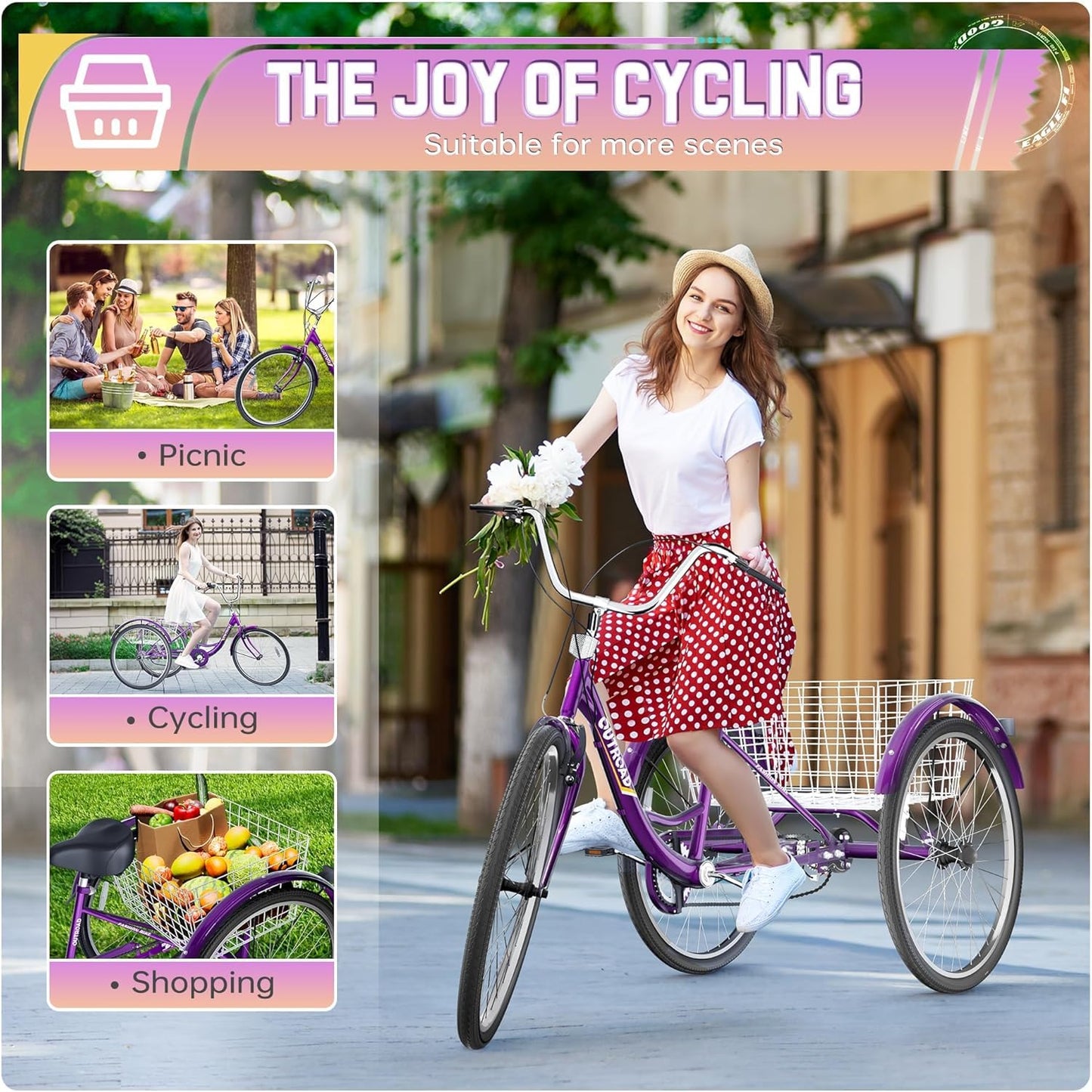 Brightpeak 1 Speed Adult Tricycle, 26 inch Cruiser Trike with Large Basket for Women Men Seniors, 3 Wheel Bike for Outdoor, Shopping, Recreation, Picnic (Purple)