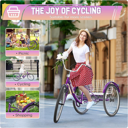 Brightpeak 1 Speed Adult Tricycle, 26 inch Cruiser Trike with Large Basket for Women Men Seniors, 3 Wheel Bike for Outdoor, Shopping, Recreation, Picnic (Purple)