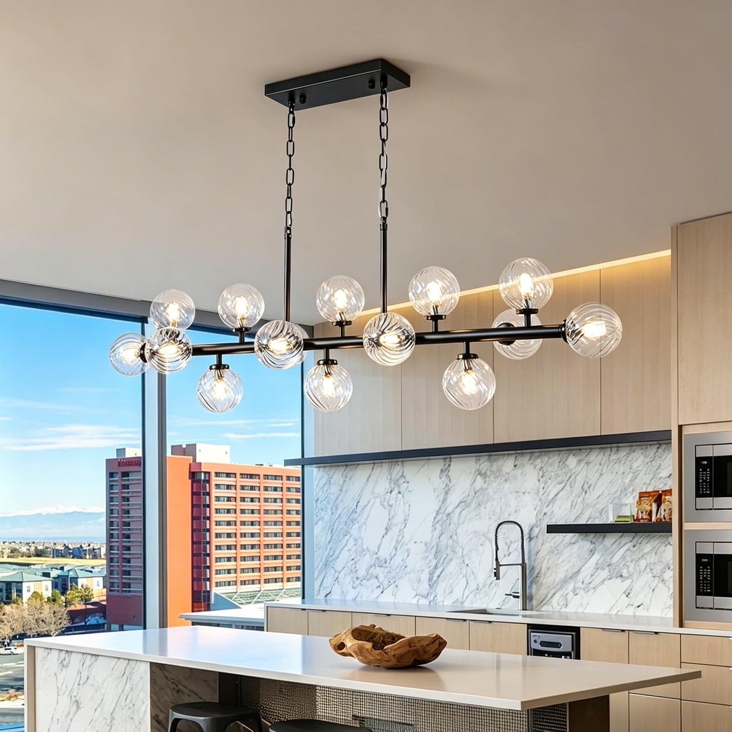 DFJL 50" Modern Linear Chandelier,Mid Century Black Finish and Transparent Pleats Glass Bubble Sputnik Pendant Light Fixtures, for Dining Room Kitchen Island Rectangle Over Table 16-Lights