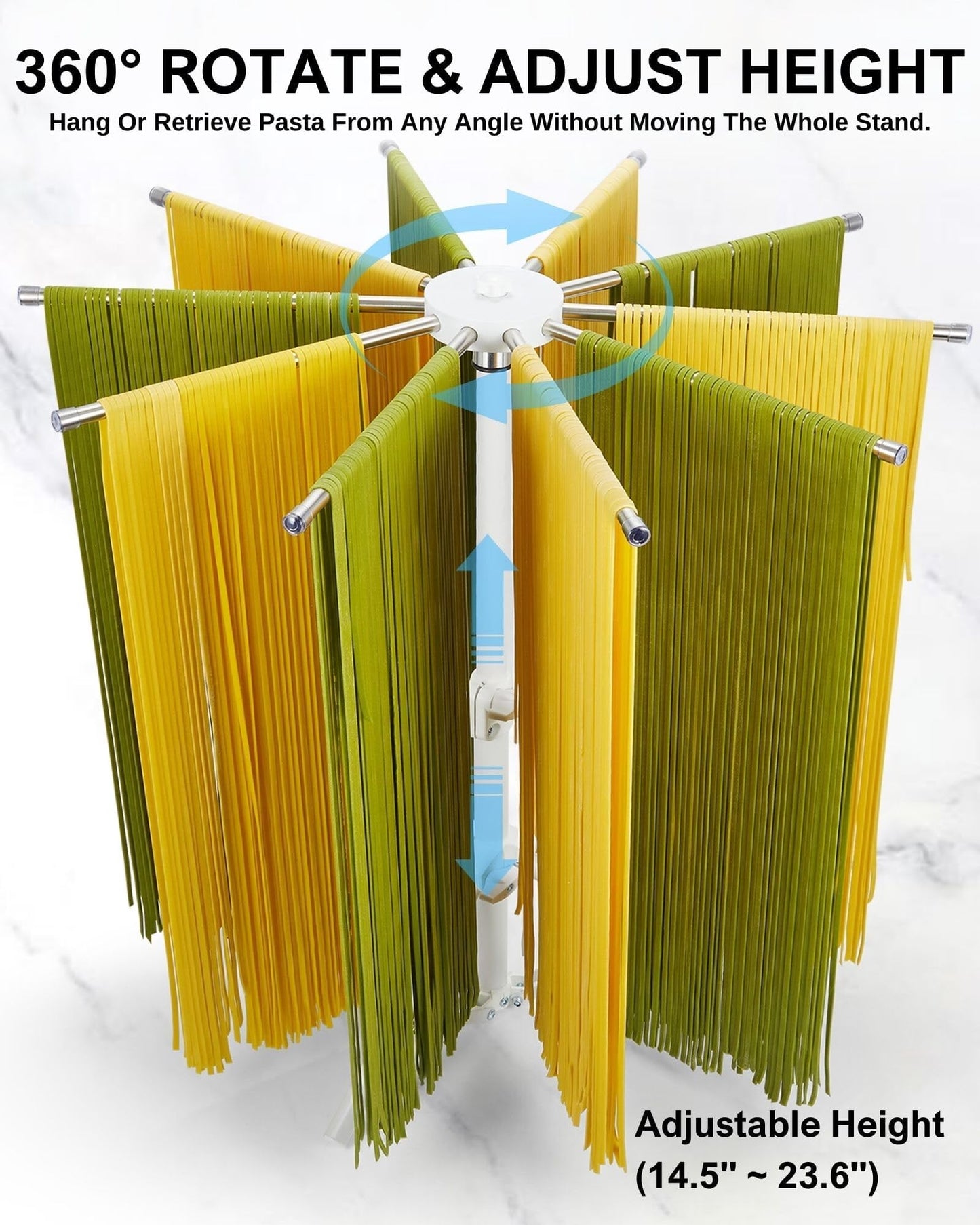 MUMSUNG Pasta Drying Rack Collapsible, 360° Rotating, Adjustable Height(14.5"-23.6"), 304 Stainless Steels Arm, Large Noodle Dryer Foldable with Ravioli Wheel for Homemade Fresh Pasta Spaghetti