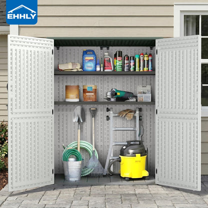 EHHLY Vertical Resin Storage Shed with 2 Shelves, 60 Cuft Garden Tool Sheds & Outdoor Storage, Plastic Outdoor Storage Cabinet Waterproof, 4.5 x 2.3 ft Outside Lawn Mower Storage Shed, Light Grey