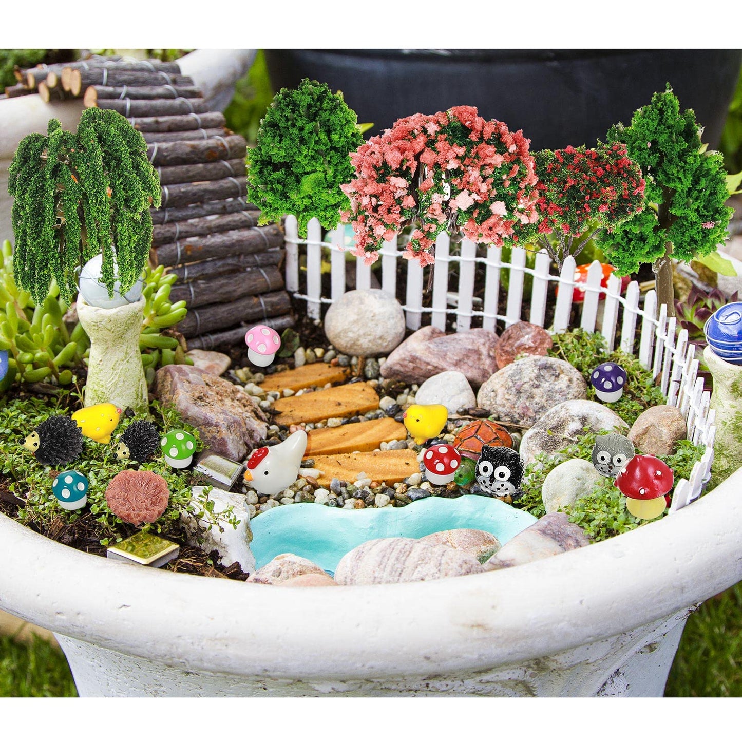 Hoteam 72 Pcs Miniature Garden Accessories Mini Moss Garden Animals Rabbit Owl Miniature Figurines Fake Diorama Trees Natural Outdoor Sheet for DIY Fairy Craft Decor