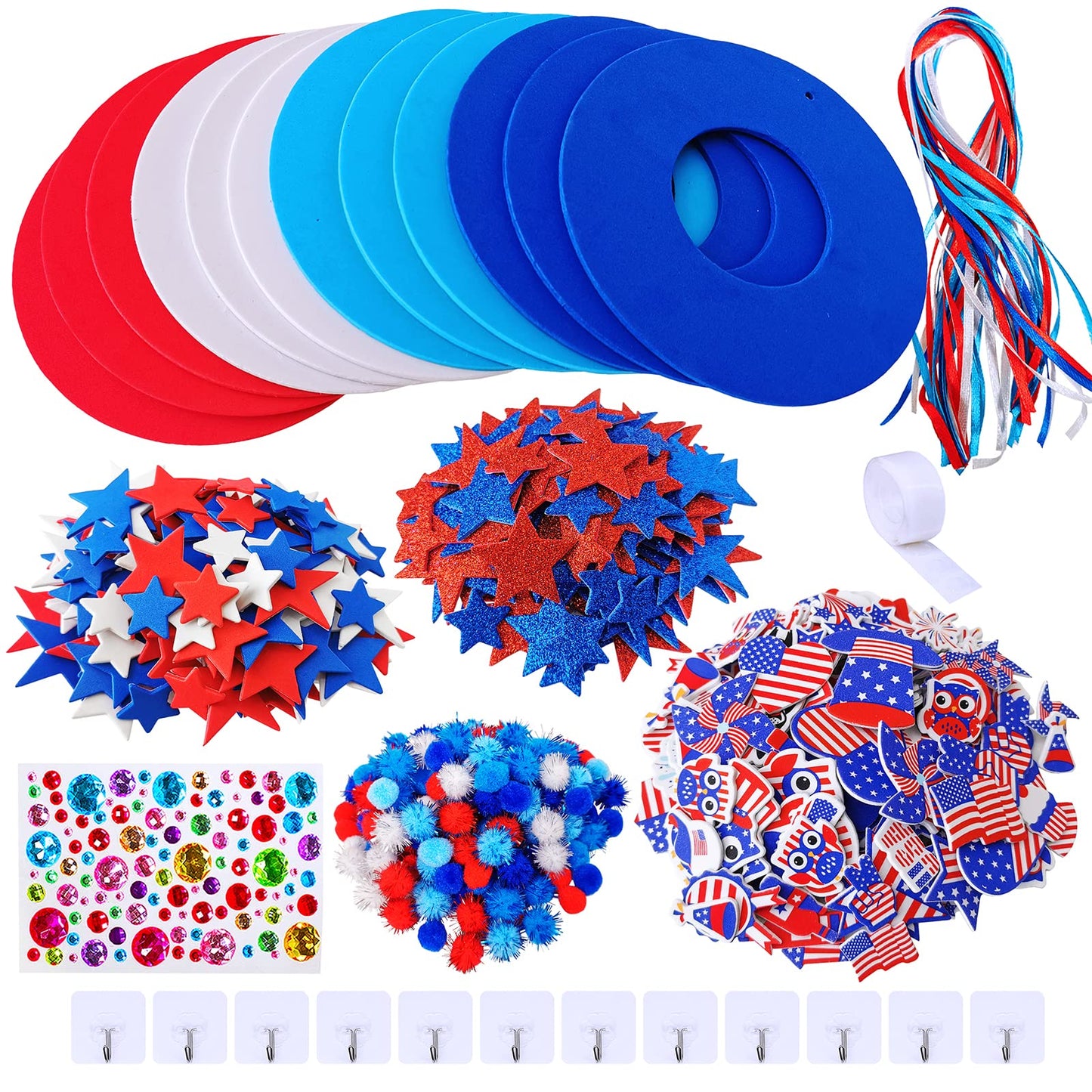 Winlyn 12 Sets 4th of July Craft Kits Patriotic Crafts DIY Patriotic Wreath Signs Ornaments Decorations Art Sets Red White Blue Star USA Flag Pinwheel Foam Stickers Arts and Crafts for Kids Activities