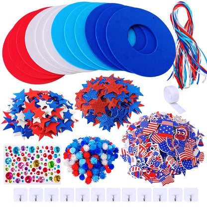 Winlyn 12 Sets 4th of July Craft Kits Patriotic Crafts DIY Patriotic Wreath Signs Ornaments Decorations Art Sets Red White Blue Star USA Flag Pinwheel Foam Stickers Arts and Crafts for Kids Activities
