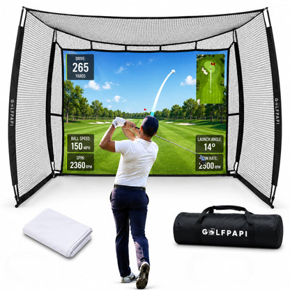 GOLF PAPi Mobile Golf Simulator Net – 10ft Compact Practice Net with Steel Frame & Impact Screen – Indoor & Outdoor Golf Training for Backyard, Garage & Home Sim Setup