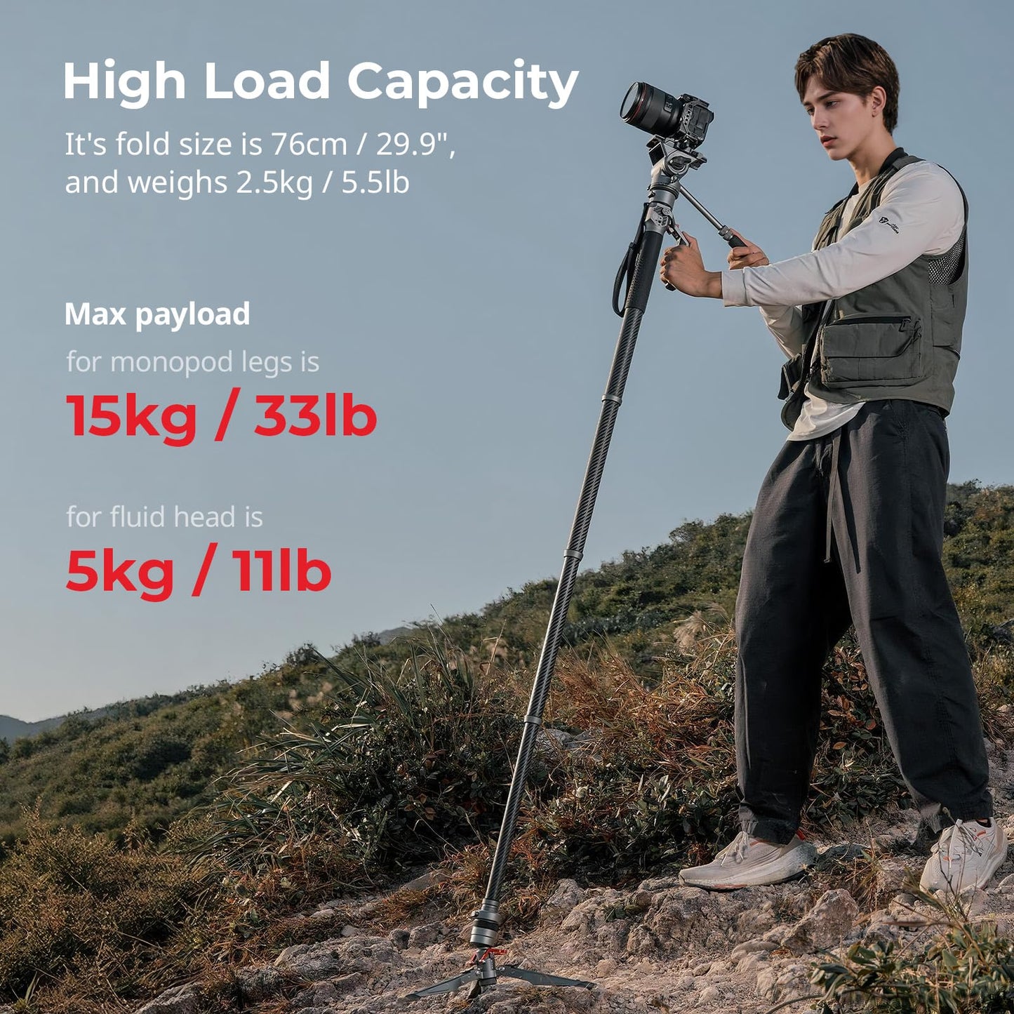SmallRig 175cm / 68.9" Carbon Fiber Video Monopod for Camera, Compact Camera Monopod with One-Button Lift & Lock, Max. 5kg Playload Fluid Head Fits for DJI RS and for MFT 501L