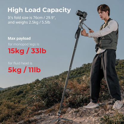 SmallRig 175cm / 68.9" Carbon Fiber Video Monopod for Camera, Compact Camera Monopod with One-Button Lift & Lock, Max. 5kg Playload Fluid Head Fits for DJI RS and for MFT 501L