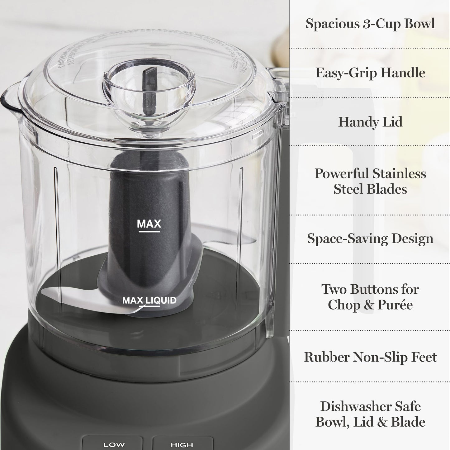 Martha Stewart 3 Cup Food Processor, Electric Vegetable Chopper, Stainless Steel Blades, 24oz BPA-Free Bowl, Pour Spout, Dicing, Mincing, Chop & Puree, Dishwasher Safe, Oil Chute, Easy-Clean, Caviar